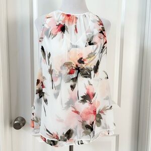 White House Black Market Floral Halter Blouse - White and Pink